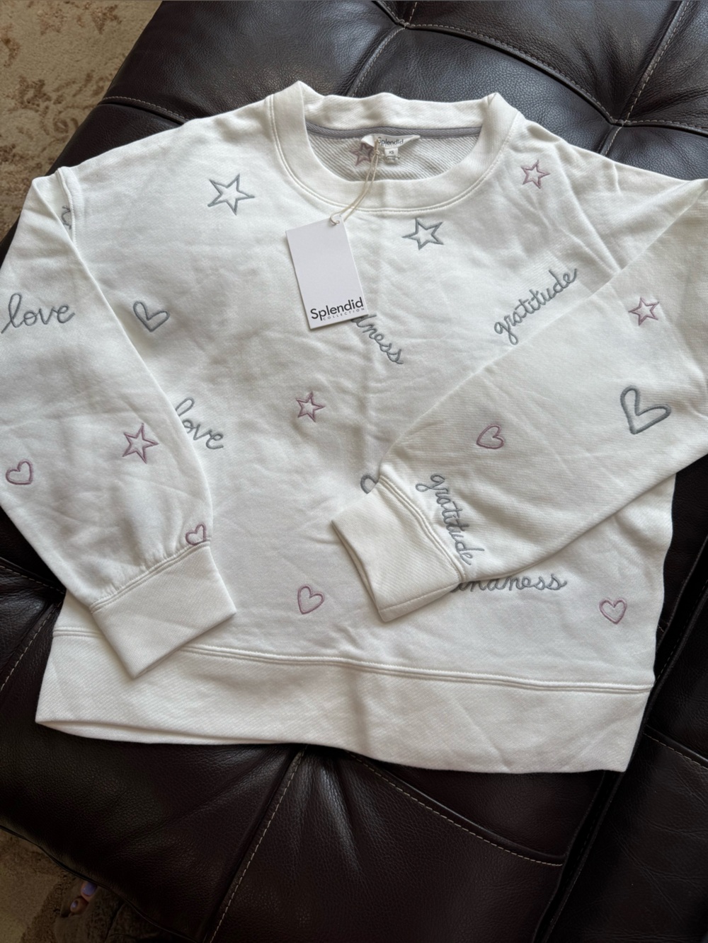 Splendid Cream Pullover with Gray and Pink Star & Heart Embroidery